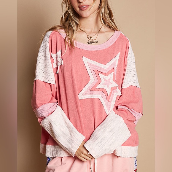 POL star sweater patchwork boho floral patchwork long sleeve pink cream - Picture 2 of 5